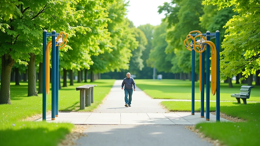 Brīvdabas fitnesa laukums parkā ar senioru vingrinājumu iekārtām un zaļo fonu